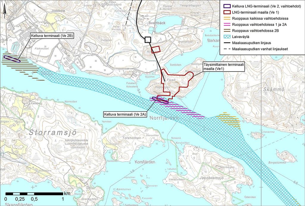 HANKKEEN tekniset tiedot Kuva 5. Ruoppaus- ja louhintatöiden sijoittuminen (hankevaihtoehdot 1a, 1b, 1c, 2a ja 2b). matalikkoja on aiemmin ruopattu väylän rakentamisen yhteydessä.