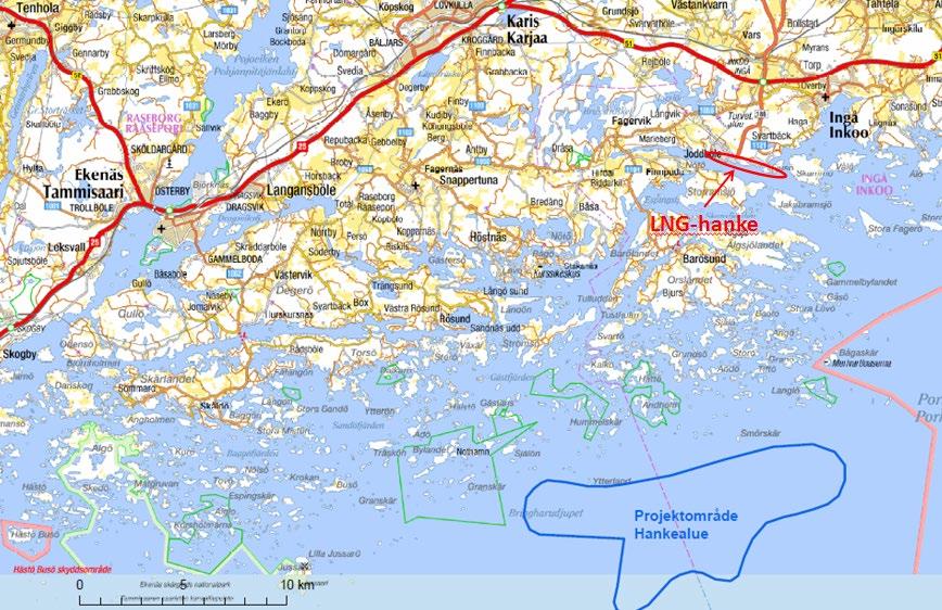 HANKKEEN tekniset tiedot Kuva 9. Suomen Merituuli Oy:n Inkoon-Raaseporin merituulipuistohankkeen (rajaus sinisellä) ja Gasumin LNGhankkeen summittainen sijainti Inkoossa. 4.13.