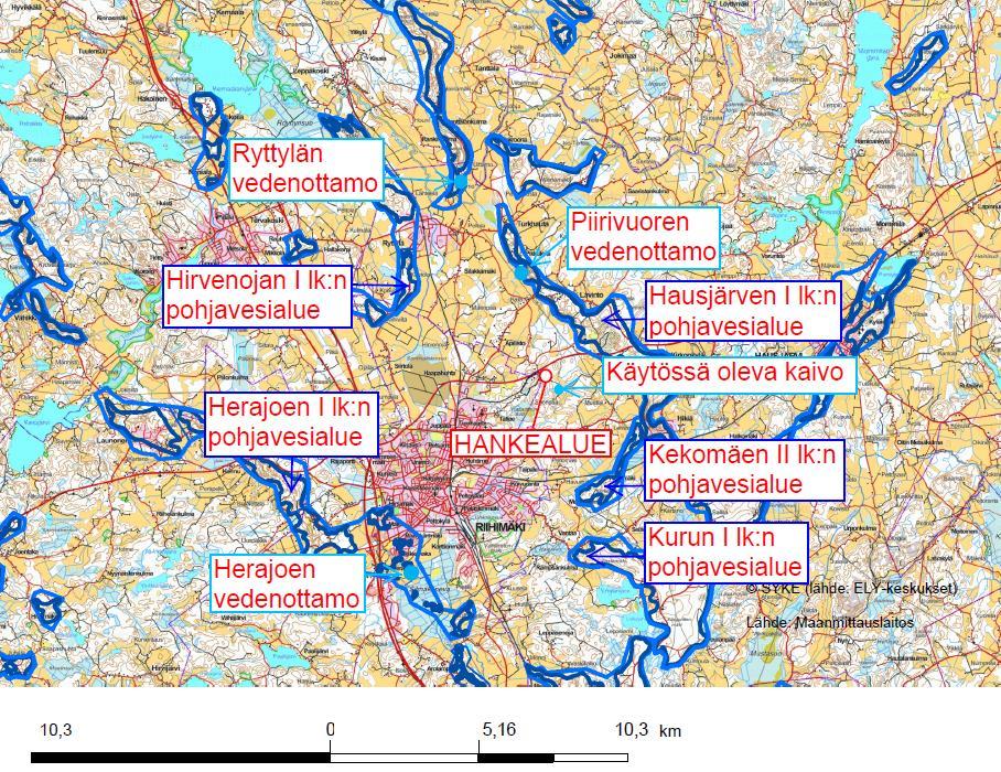 Kuva 7.3. Hankealueen lähimmät pohjavesialueet sekä vedenottamot. (Oiva tietokanta) Ekokem-Palvelu Oy:n alueen ja ympäristön pohjavesien laatua tarkkaillaan säännöllisesti.