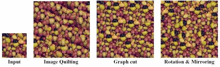 Kuva 5: Vasemmalla syötekuva, keskellä tulos käyttäen image quilting tekniikkaa ja oikealla tulos graph cut tekniikalla. (Kwatra et al. 2003).