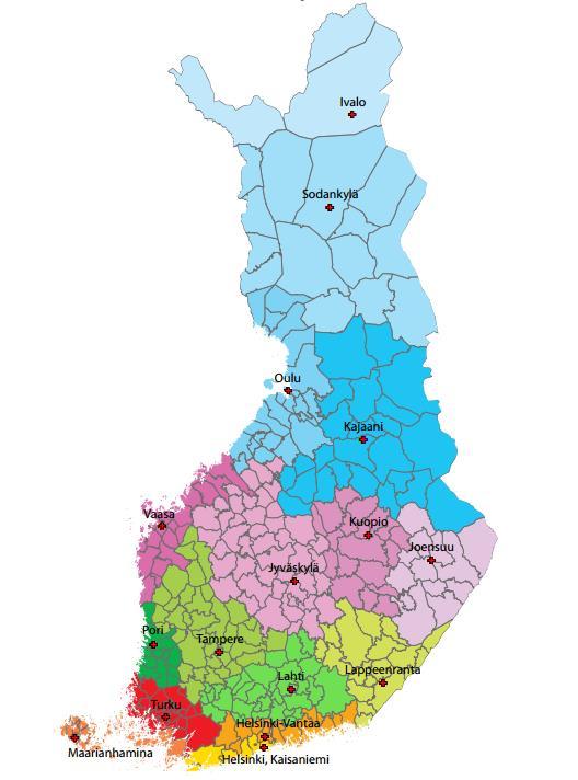 Kartta 1. Lämmitystarvelukujen vertailupaikkakunnat (Ilmatieteen laitos 2014) Taulukko 1.