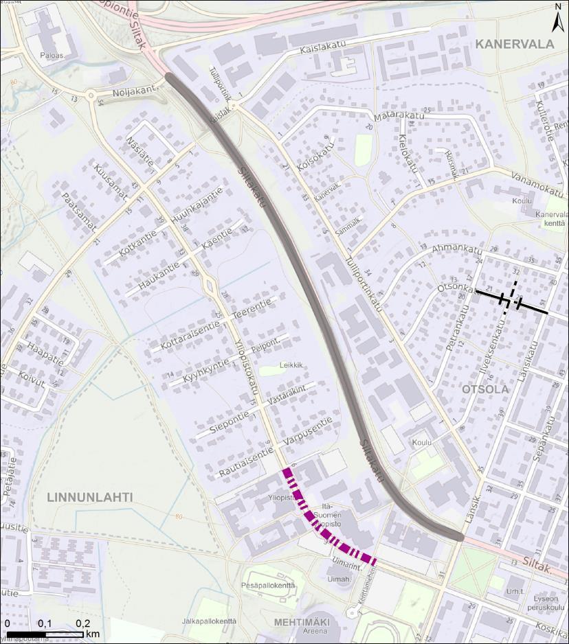 VE0+ Siltakatu 1+1-kaistainen Yliopistokatu muutetaan hidaskaduksi kampusalueen kohdalta Noljakantieltä pääsyä Siltakadulle keskustan suuntaan parannetaan Otsonkatu katkaistaan autoliikenteeltä