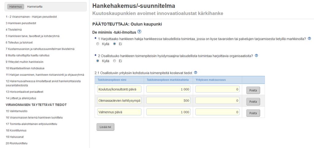 Etuuden arvo yritykselle määritellään jo rahoitushakemuksessa Palvelun tai hyödyn arvo, josta on vähennetty yrityksen