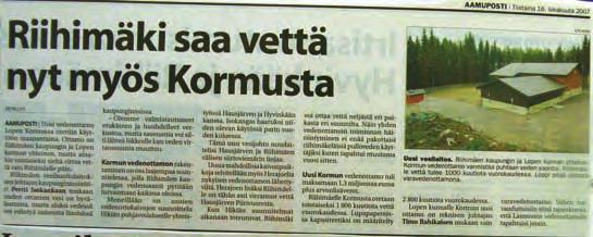 Juuti P. & Rajala R. Kuva 2. Riihimäen vedenhankinnan varmuutta on parannettu vuosien varrella ja vuonna 2009 tilanne on hyvä. (Aamuposti 16.10.2007) kaupungit.