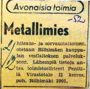 Juuti P. Kuva 5. Metallimiehelle löytyi töitä vesilaitokselta vuonna 1952. (Riihimäen teknisen viraston lehtileikekokoelma, 2.12.1952.) pihoille alkoi kohota liki identtisiä torneja.