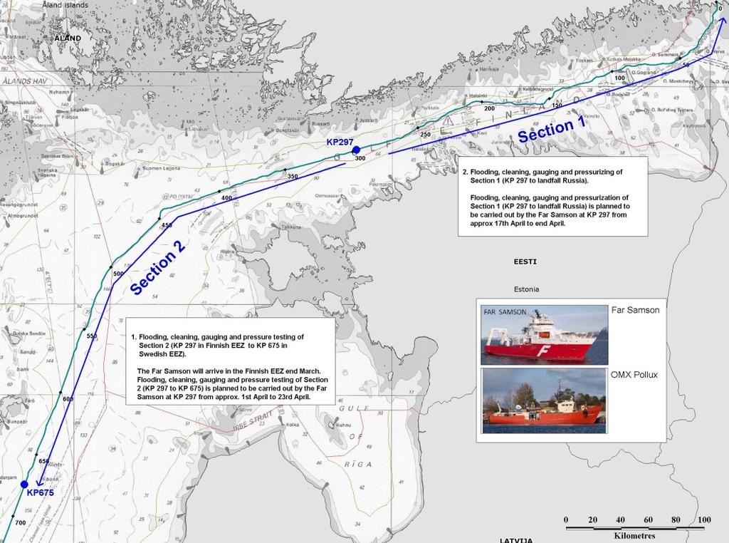 17 The vessel Far Samson is, during 1 April 23 April, preparing to take the second gas pipeline into use between the points KP 297 and KP 675 (Section 2. See picture).