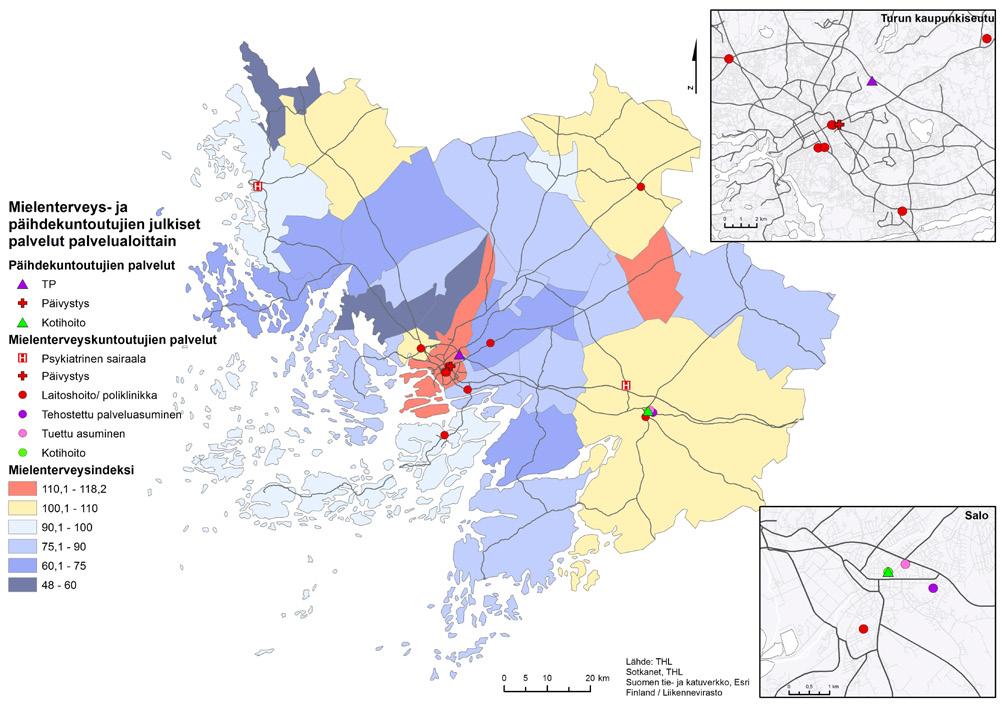 Kuva 11. Mielenterveys- ja päihdekuntoutujille suunnatut palvelut suhteessa THL:n vuosien 2012 2014 ikävakioituun mielenterveysindeksiin. Indeksikartat Turun kaupunkiseudulta ja Salosta. 3.