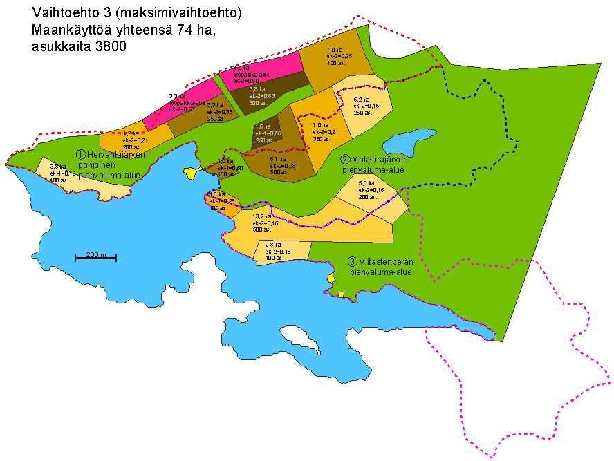 12 Maksimivaihtoehdossa (vaihtoehto 3), alueelle on suunniteltu maankäyttöä yhteensä noin 74 hehtaarin alueelle.