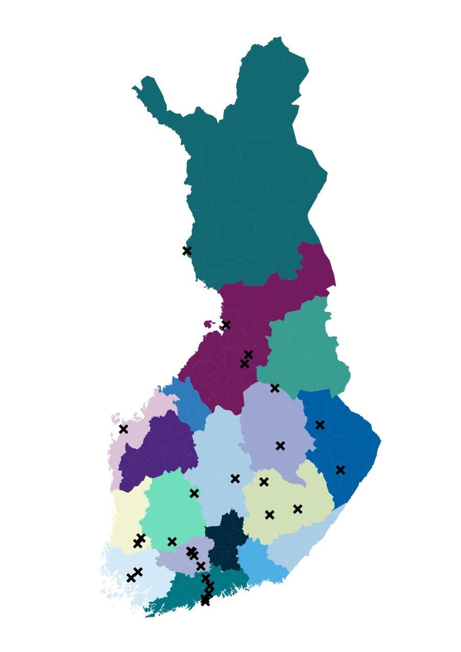 VTH:n toimipisteet ovat jakautuneet valtakunnallisesti Kaikki toimipisteet sijaitsevat vankiloiden yhteydessä Poliklinikoita 25 Psykiatrisen