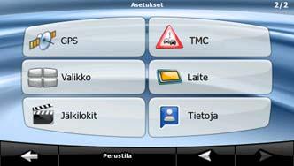 4.5 Asetukset-valikko Clarion Mobile Map -ohjelman asetuksia ja toimintaa voidaan muokata. Napauta seuraavia painikkeita:,. Asetukset-valikossa kaksi sivua alivalikkoja.