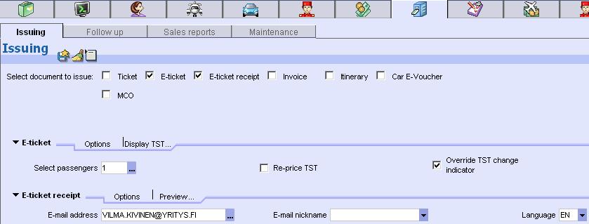 16. Tulosta lippu ja lähetä asiakkaalle uudesta lipusta ITR valitse Issuing valitse E-ticket ja E-ticket receipt valitse E-ticket Options valikosta tarvittaessa TST options, Passenger selection jne.