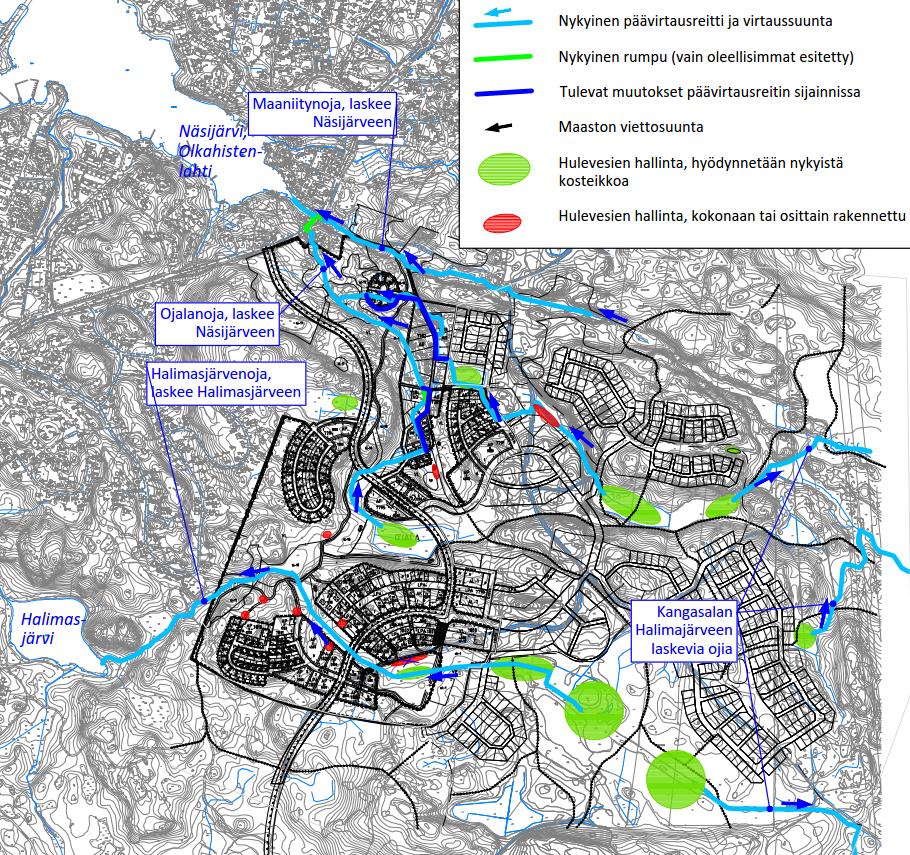 HULEVESIEN HALLINNAN PERIAATTEET Hulevedet (eli sade- ja sulamisvedet) johtuvat metsäpuroja pitkin Näsijärven Olkahistenlahteen, Halimasjärveen ja Kangasalan Halimajärveen Hulevedet käsitellään