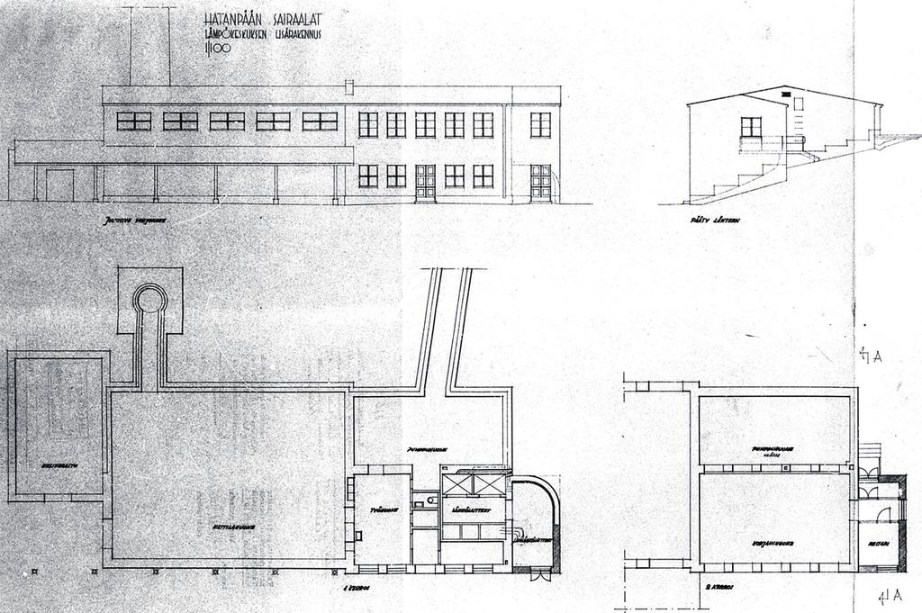 ERUskORJAUksET JA LAAJENNUksET eruskorjaus vuonna 1959 (arkkitehti Jaakko Ilveskoski) Vanhan työhuoneen päälle rakennettiin uusi tila: korjaushuone/mestarin huone.