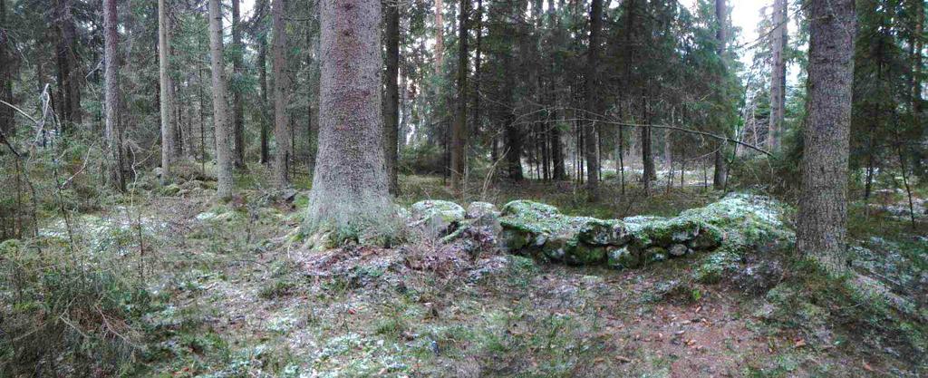 Kuva 18. Rautalon kiviaita kuvattuna kulman kohdalta pohjoisesta. (KHH_täydennysinventointi 2013:10) Havaintomahdollisuudet: Hyvät. Kohde löydettiin paikallisen informantin vinkin perusteella.