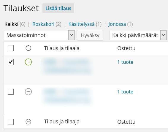 Tilauksen käsittely Tilaus käsitellään valitsemalla WooCommerce Tilaukset. Tilaukset tulee käsitellä aina yksi kerrallaan, ja ne voidaan käsitellä kahdella tapaa.