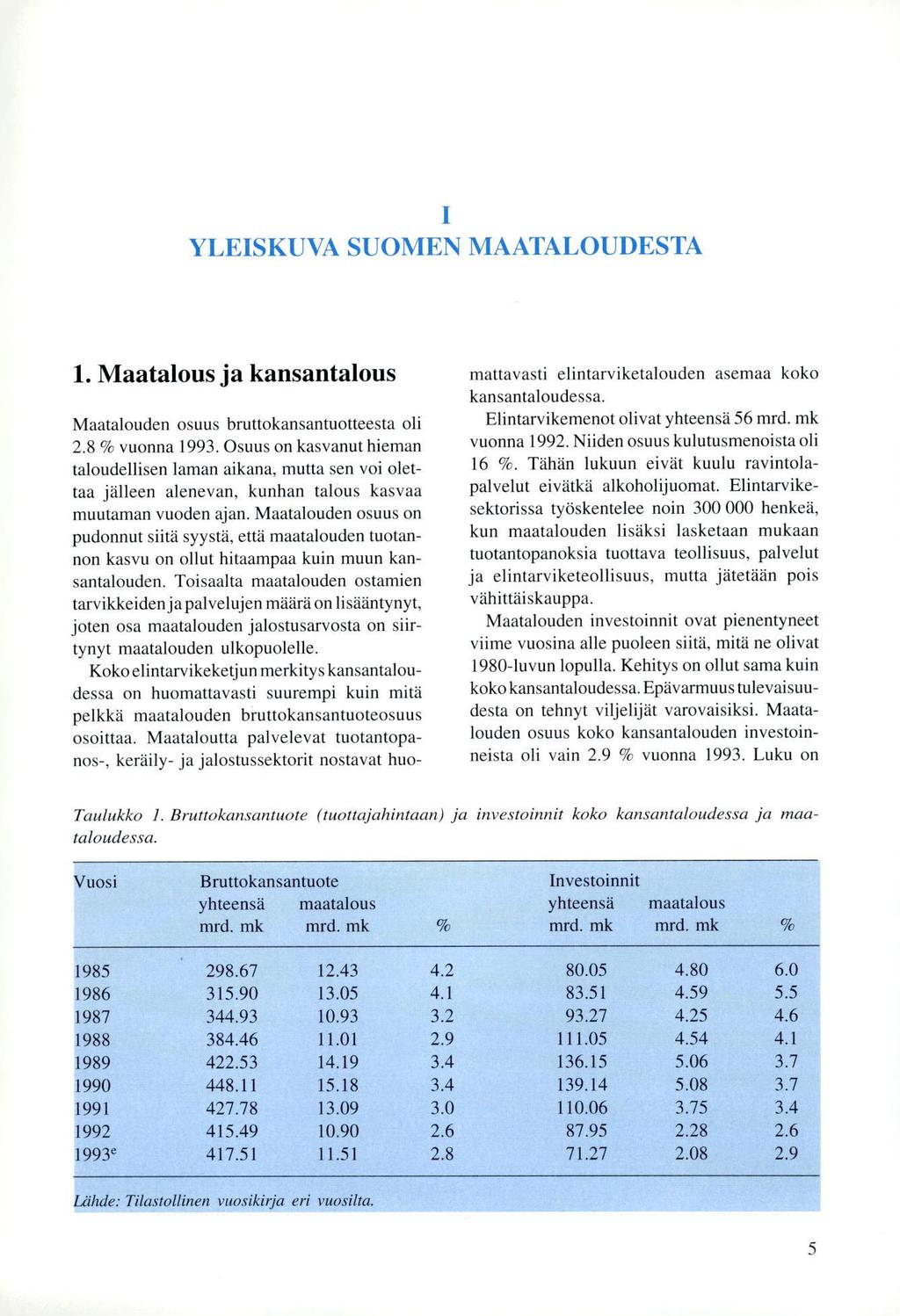 YLEISKUVA SUOMEN MAATALOUDESTA 1. Maatalous ja kansantalous Maatalouden osuus bruttokansantuotteesta oli 2.8 % vuonna 1993.