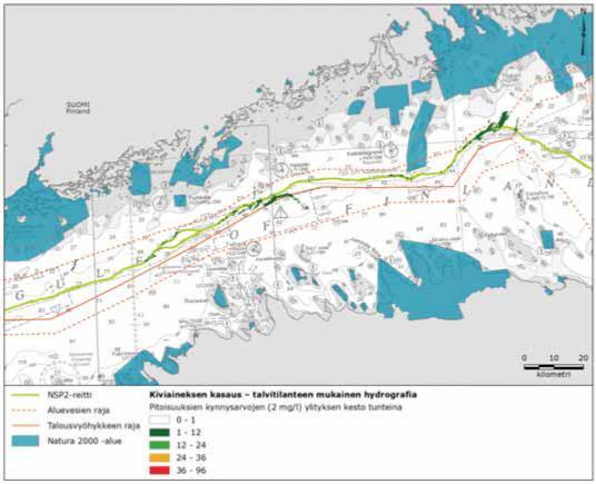 Sivu 24 / 76 Kuvissa 5-11 ja 5-12 esitetään pitoisuuden kynnysarvon 2 mg/l ylittymisen kesto kiviaineksen kasauksen aikana tyypillisissä talviolosuhteissa. Suurin havaittu kestoaika on 24 tuntia.