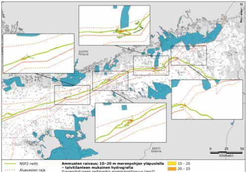 Kuvassa 5-30 esitetään suurimmat pitoisuudet, joita havaitaan talviolosuhteissa 10 20 m pohjan yläpuolella  Kuva 5-29 Suspendoituneen sedimentin