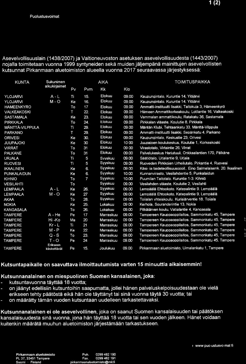 1 tel Puolustusvoimat KUTSUNTAKUULUTUS Asevelvollisuuslain (143812007) ja Valtioneuvoston asetuksen asevelvoll suudesta (144312007) nojalla toimitetaan vuonna 1999 syntyneiden sekä muiden jäljempänä