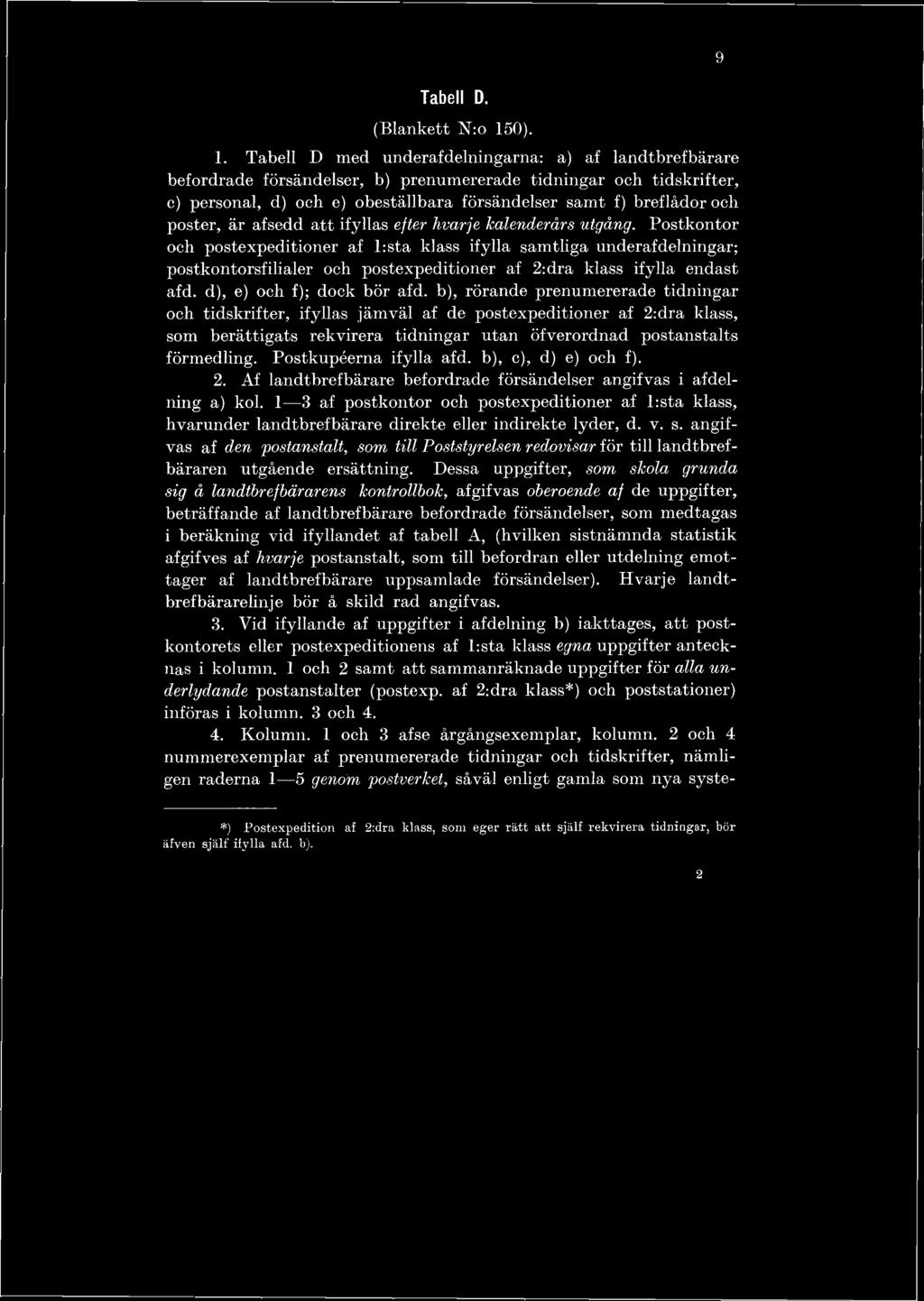 Tabell D med underafdelningarna: a) af landtbrefbärare befordrade försändelser, b) prenumererade tidningar och tidskrifter, c) personal, d) och e) obeställbara försändelser samt f) breflådor och