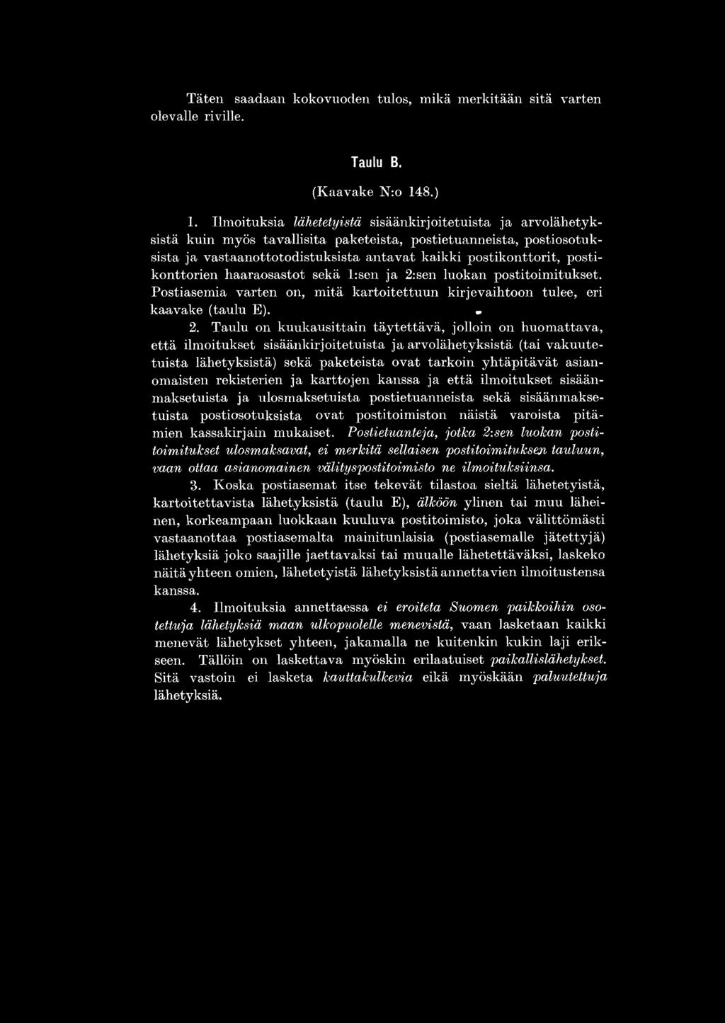 postikonttorien haaraosastot sekä l:sen ja 2:sen luokan postitoimitukset. Postiasemia varten on, mitä kartoitettuun kirjevaihtoon tulee, eri kaavake (taulu E). «2.