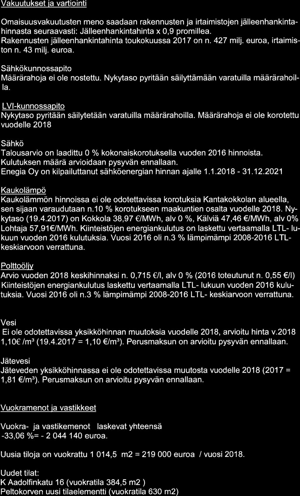 Vakuutukset ia vartiointi Omaisuusvakuutusten meno saadaan rakennusten ja irtaimistojen jälleenhankintahinnasta seuraavasti : Jälleenhankintahinta x,9 prom illea.