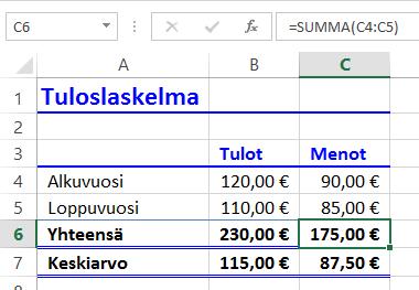 !! Taulukkolaskennan perusperiaate Taulukkolaskennassa luot luvuista kaavojen avulla toimivan työarkin.