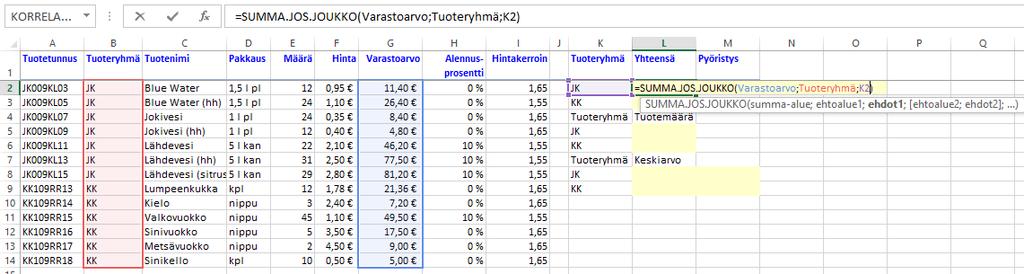 Ehdollisen summan laskeminen Harjoitustiedosto: Funktioiden-käyttöä.xlsx Summa.Jos() (SumIf) ja Summa.Jos.Joukko() (SumIfS) -funktioilla palautat lukujoukon summan käyttäen laskentaa rajoittavia yhtä tai useampaa ehtoa.