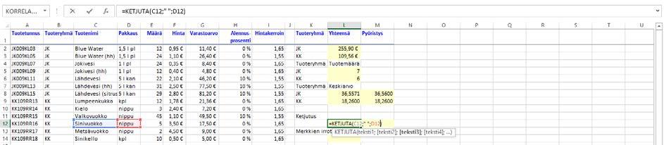 Tekstifunktiot Ketjuttaminen ja tekstin osien poiminta Ketjuta() (Concatenate) ja Poimi.Teksti() (Mid) -funktioilla käsittelet merkkijonoja. Harjoitustiedosto: Funktioiden-käyttöä.