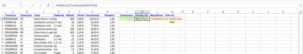 Harjoitustiedosto: Haku-funktio.xlsx Virheilmoituksen siistiminen Esimerkin taulukossa saat virheilmoituksen jos et syötä tuotetunnusta lainkaan tai syötät väärän tunnuksen.