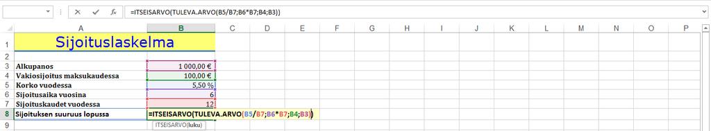 Arvo() (FV) - funktion käyttöä Kuukausisijoitus on 100, vuotuinen korko 5,5 %, maksuaika 6 vuotta ja tilillä on jo 1000. Tätä laskiessasi sinun on Tuleva.