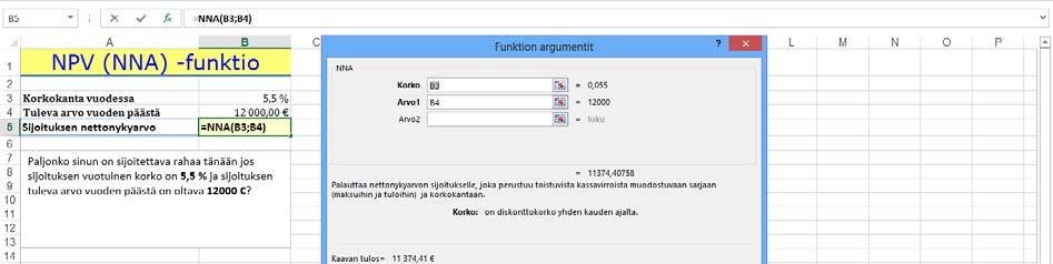 Kuva 144 Korko() (Rate) - funktion käyttöä Asunnon hankintahinta on 100 000. Asuntoa vuokrataan 5 vuotta ja vuokratulon netto on 450 /kk. Asunto myydään 5 vuoden kuluttua 120 000 hinnalla.