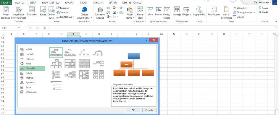 SmartArt-grafiikkaobjektit Harjoitustiedosto: SmartArt-objekti.xlsx Excel 2013 tuo mukanaan työkalun prosessi-, organisaatio- ja matriisikaavioiden luomiseen.