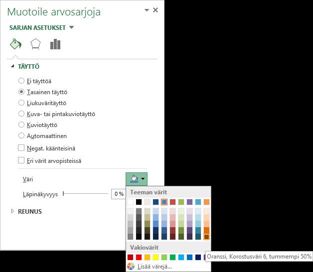 Kaavion osien värin vaihtaminen Kaaviota pääset muokkaamaan Muotoilu (Format) -välilehden komennoilla.