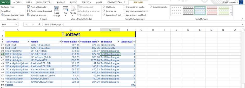 Harjoitustiedosto: Tuotteet.xlsx Lisää yhteenvetorivi taulukon alle Käytä Excelissä olevaa toimintoa laskennallisen yhteenvetorivin luomiseen.