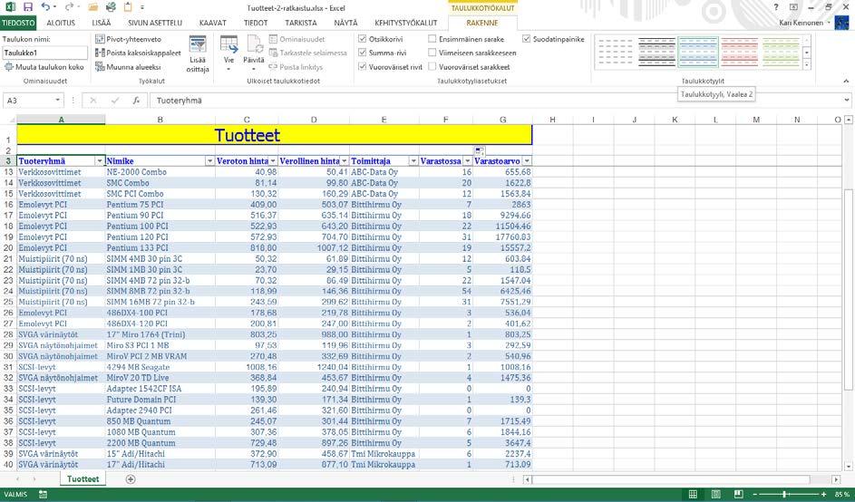 Taulukon muotoileminen Harjoitustiedosto: Tuotteet-2-ratkastu.xlsx Taulukon muotoilemiseen on monia tapoja.