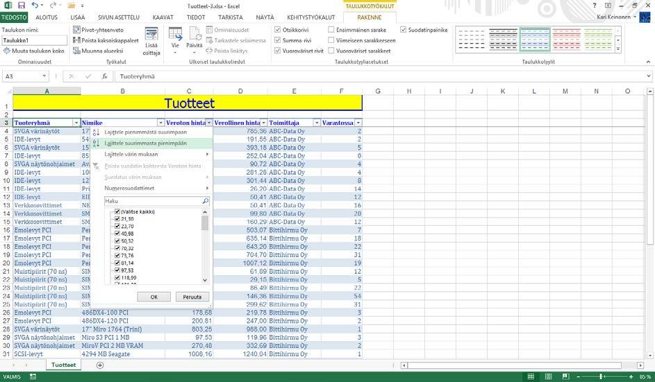 Taulukon lajitteleminen Lajittelu on tiedon käsittelyn eräs keskeinen toiminto. Tulosjoukon voit lajitella jonkin kentän arvojen mukaan.