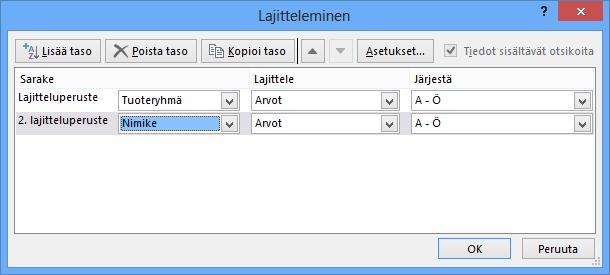 Lajittelu usean tekijän mukaan Harjoitustiedosto: Tuotteet-ratkaistu-2.xlsx Excelissä usean sarakkeen (lajitteluavaimen) käyttö lajittelussa on myös mahdollista.