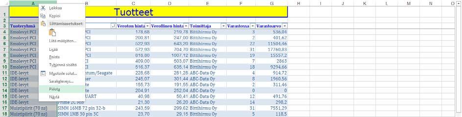 Sarakkeiden piilottaminen ja näyttäminen Taulukon tarpeettomat sarakkeet ja rivit voit poistaa tai piilottaa näkyvistä.