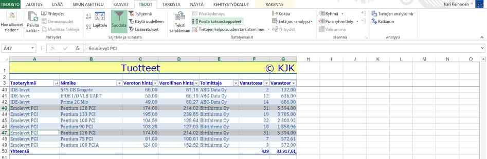 Tietueduplikaattien poistaminen Harjoitustiedosto: Tuotteet-tupla-arvo.xlsx Tietokannassa ei saa olla tietueiden kaksoiskappaleita.