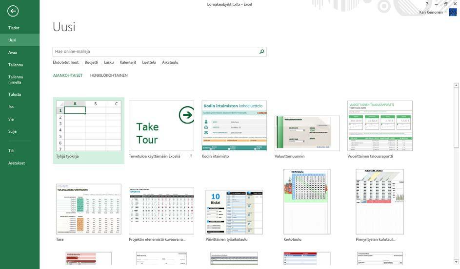 Mallin käyttäminen Uusi työkirja mallia käyttäen Uuden asiakirjan voit luoda valmiin mallin pohjalta napsauttamalla Tiedosto (File) -valikon Uusi (New) -komentoa.