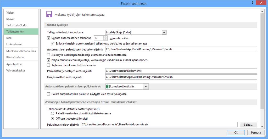 Kuva 218 Wordin asetukset ( Word Options) - valintaikkuna Kirjoita Oletustallennuspaikka omille malleille (Default personal templates location) -kenttään oikea polku, siis: C:\Users\"K-tunnus