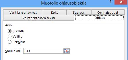 Solu C13, johon palautetaan laskemalla alennusprosentti valintaruudun valinnan mukaan Kuva 226 Valintaruutu objekti Napsauta Lisää (Insert) -pudotusvalikosta Valintaruutu (Check Box) -painiketta.