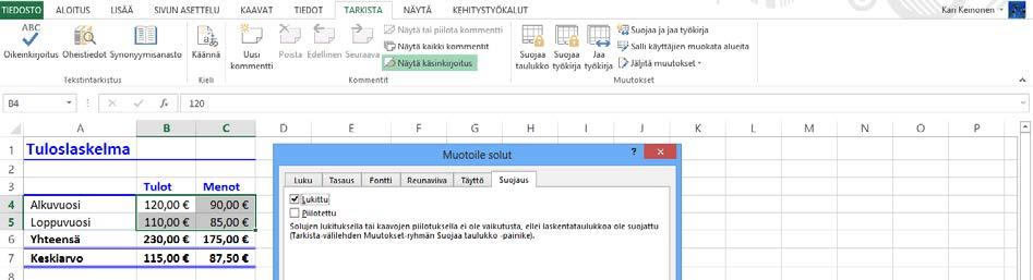 Työarkin suojaus Laskentamallissa halutaan usein estää joidenkin työarkin osien muokkaaminen, kun taas toisiin osiin saa kuka hyvänsä syöttää tietoa. Harjoitustiedosto: Tuloslaskelma.