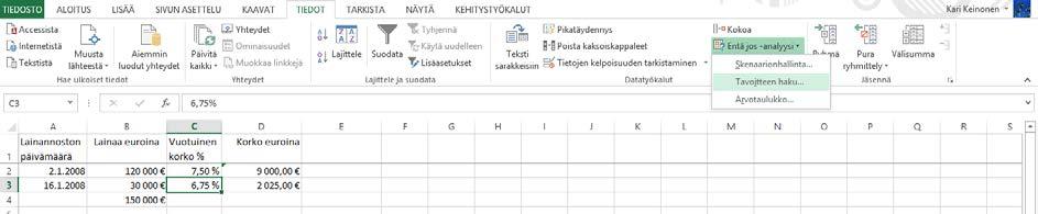 Tavoitteen haku ja ratkaisija Tavoitteen haku (Goal Seek) Harjoitustiedosto: Lainaluettelo.xlsx Tavoitteen haku (Goal Seek) -toiminnolla etsit laskennan tulokselle tavoitearvoa.