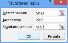 Tehtäväsi on selvittää, paljonko lainan korkoprosentti saa korkeintaan olla, jotta korkokulu ei vuodessa nouse yli 2 000. Tavoitetta haet D3-solun arvolle, jossa on laskentakaava.