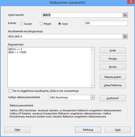 Lisää uusi ehto painikkeella Alkuarvojen palauttamiseen Asetukset (Options) -painike Kuva 255 Ratkaisijan parametrit ( Solver Parameters) - valintaikkuna Aseta tavoite (Set Objective) -kenttään sinun