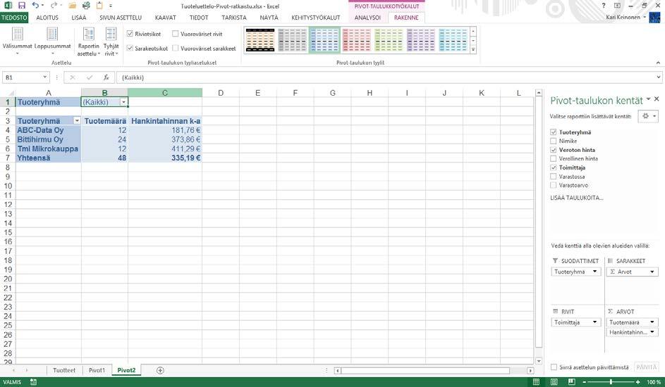 Pivot-taulukon muokkaaminen Harjoitustiedosto: Tuoteluettelo-Pivot.