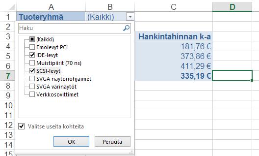 Pivot-taulukon suodattaminen Harjoitustiedosto: Tuoteluettelo-Pivot-ratkaistu.xlsx - Pivot2 -taulukko Suodatus tuottaa alkuperäisestä tiedosta tilannekohtaisesti rajoitetun yhteenvedon.