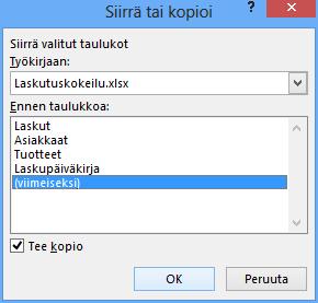 Työarkin kopioiminen tai siirtäminen Työarkin, välilehden siirrät työkirjassa tarttumalla välilehden valitsimeen ja vetämällä sen haluamaasi paikkaan.